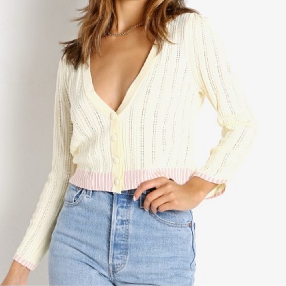 For Love And Lemons Cream and Pink Cable Knit Cardigan